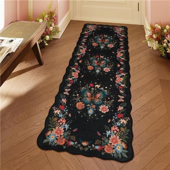 NEW Boho Floral Black Home Runner Rug